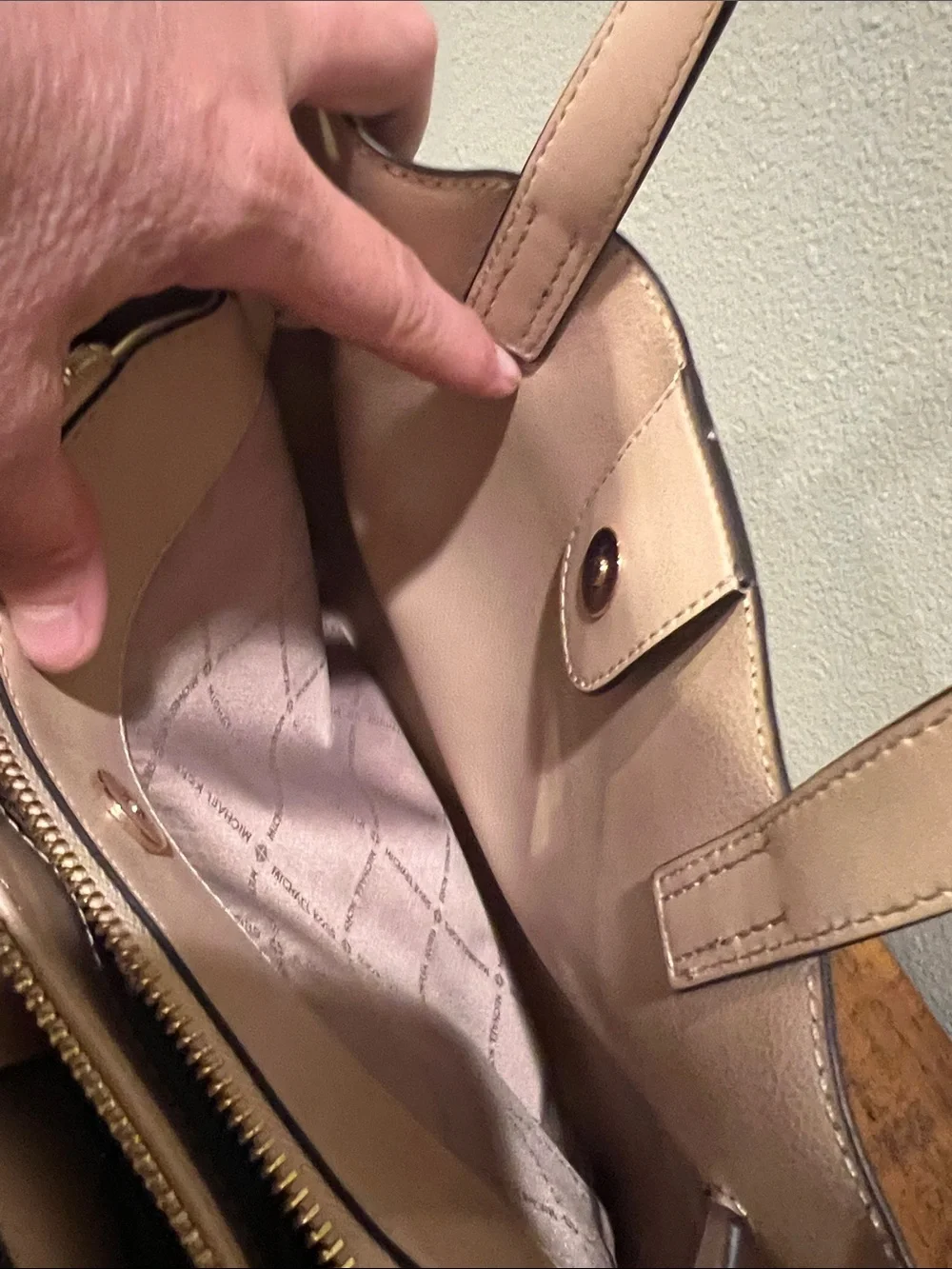 Michael Kors Emilia Small Satchel with Light Beige Trim & Gold Accents